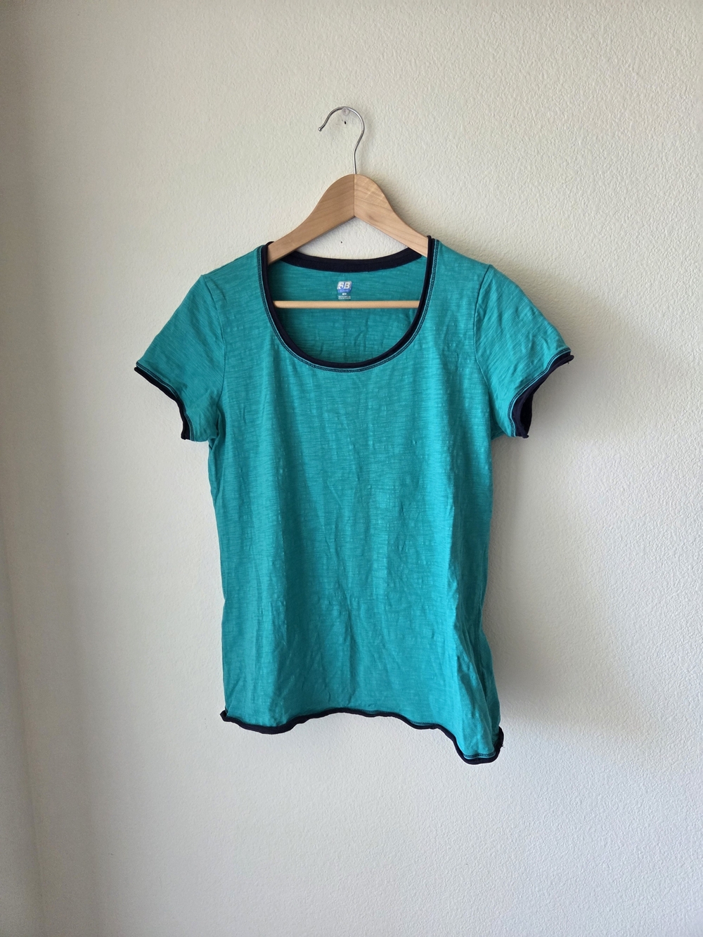 SB Active VTG Teal T-shirt Navy Contrast Rolled Hem Scoop Neck 100% Cotton Sz M